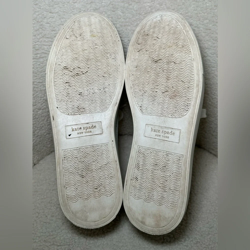 Kate Spade Aster New York White‎ Leather Perforated Sneakers Gold Spade Logo 9.5